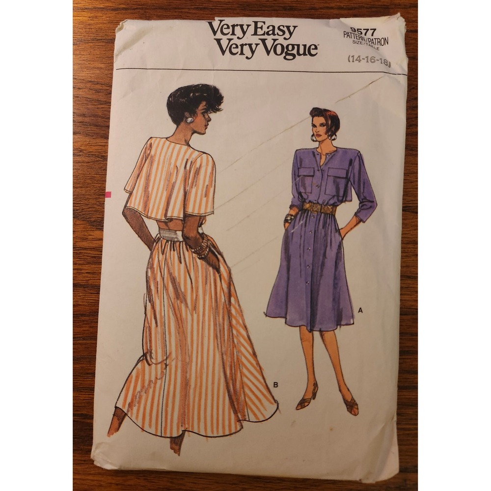 Vintage 1986 Vogue 9577 Sewing Pattern Misses Dress Shirtwaist Cape Size 14-18